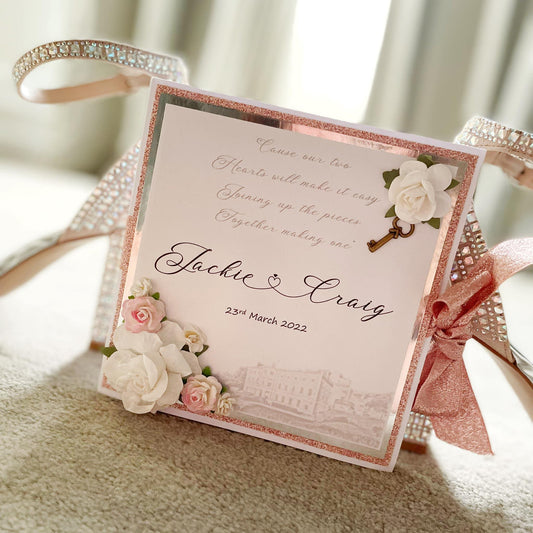 Luxury handmade wedding invitation with pink glitter and handmade mulberry paper flowers