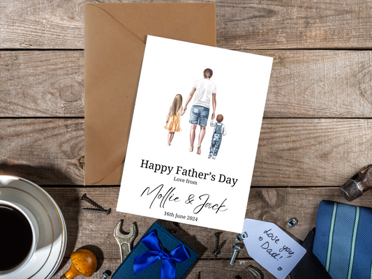 Personalised father's day card with iage of dad holding hands with son and daughter