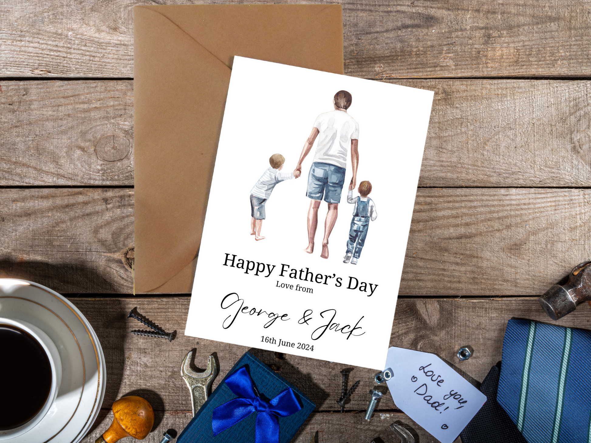 Father's day card with image of dad stood holding hands with two little boys