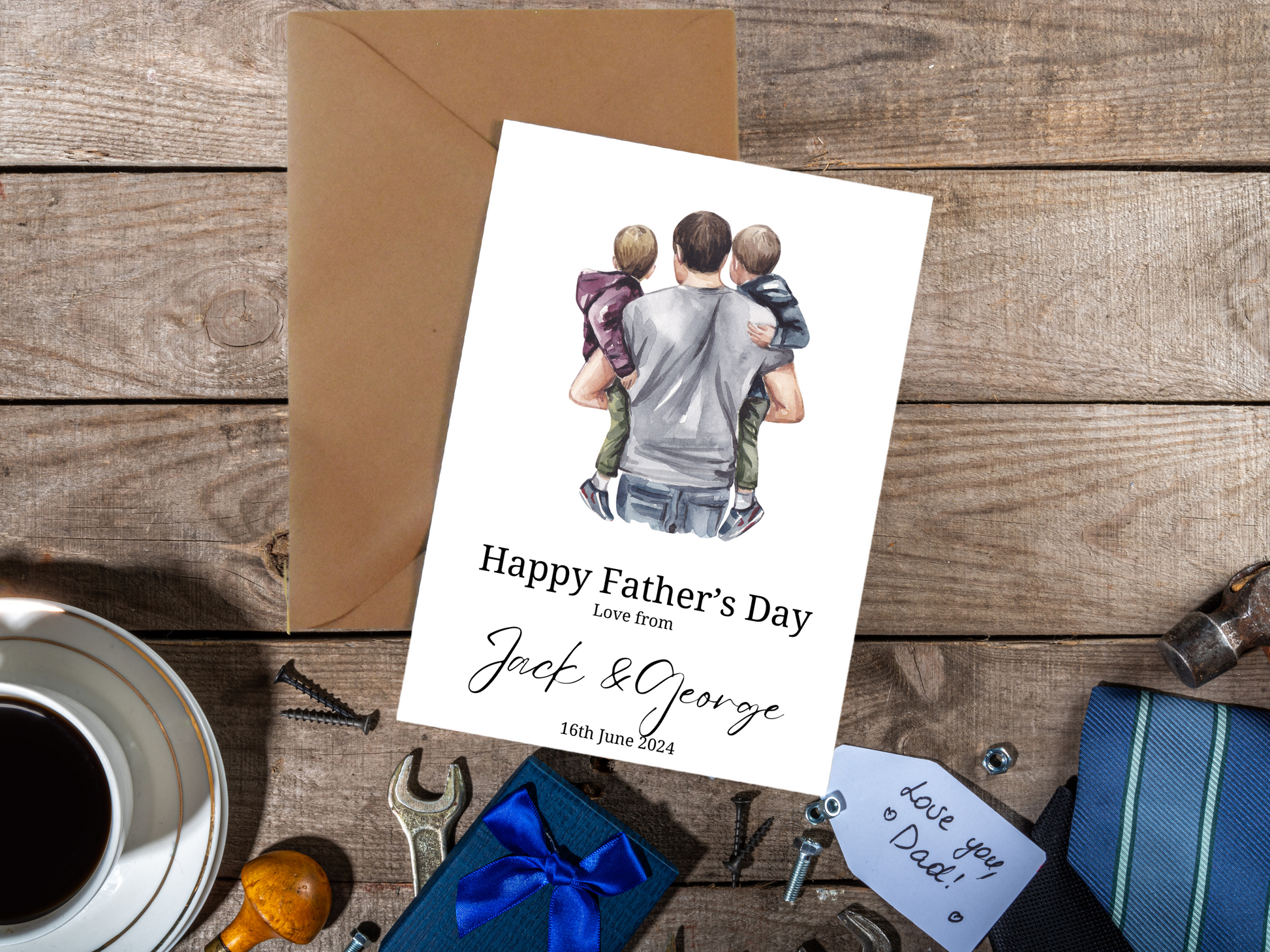 Personalised father's day card. dad carrying two little boys