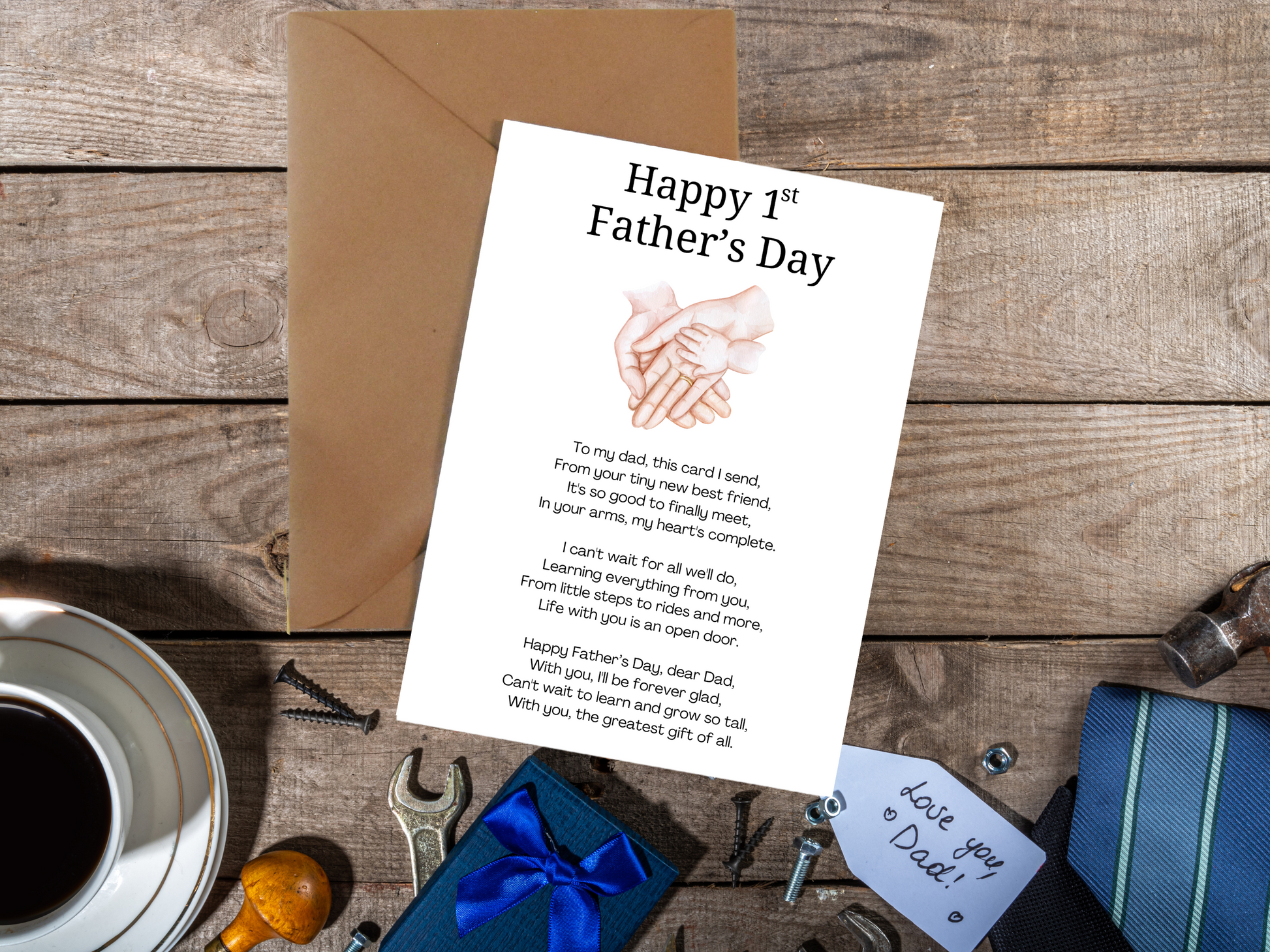 Happy 1'st fathers day card with babies hand in dads with sentimental poem