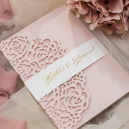 Laser cut tri-fold wedding invitation with pocket inside