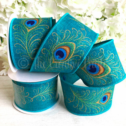 Eleganza Teal Peacock Hessian Wired Ribbon 1m Long 63mm Wide