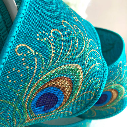 Eleganza Teal Peacock Hessian Wired Ribbon 1m Long 63mm Wide