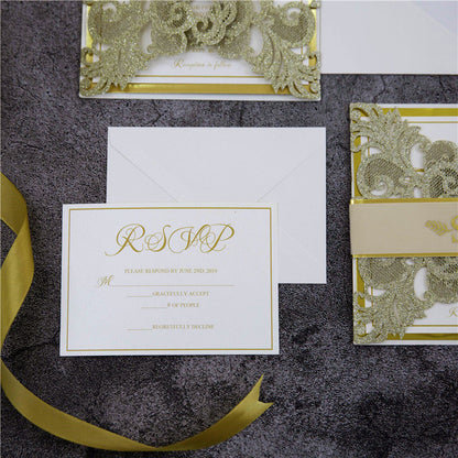 Close up pf gold printed rsvp for wedding invitation