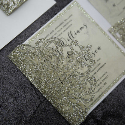 Champagne Gold Laser Cut Glitter Pocket Wedding Invitation