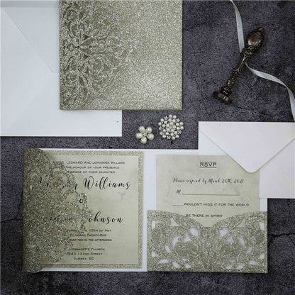 Champagne Gold Laser Cut Glitter Pocket Wedding Invitation