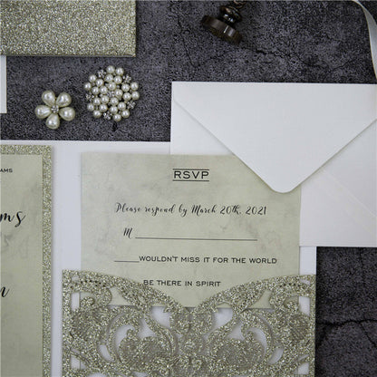 Champagne Gold Laser Cut Glitter Pocket Wedding Invitation