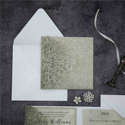 Champagne Gold Laser Cut Glitter Pocket Wedding Invitation