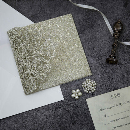 Champagne Gold Laser Cut Glitter Pocket Wedding Invitation