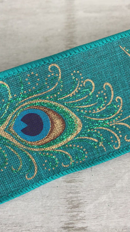 Eleganza Teal Peacock Hessian Wired Ribbon 1m Long 63mm Wide